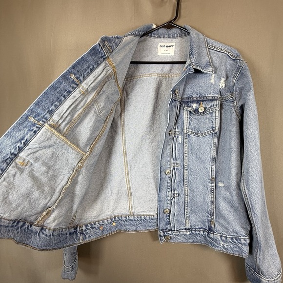 Old Navy Jean Jacket Women's Trucker Style Retro Blue Denim Distressed L Tall - Picture 8 of 13